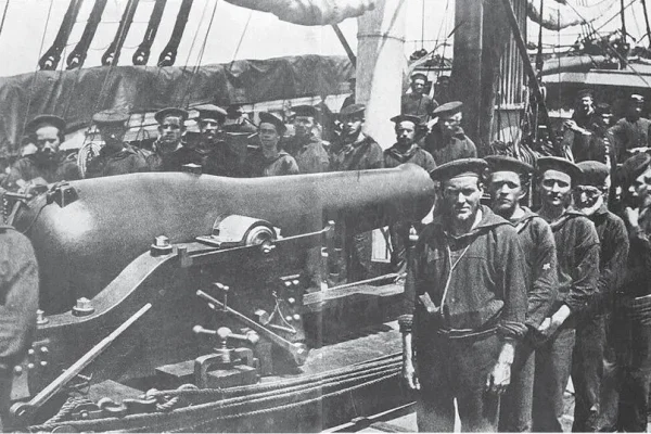 Historical photo featuring the naval crew aboard the USS Wissahickon.