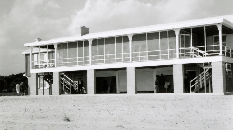 Original black-and-white photograph of the newly clonstructed The Citadel Beach House, in 1958.