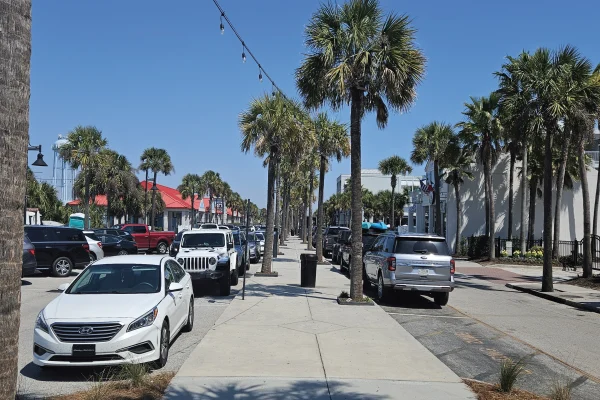 Image looking down the middle sidewalk on IOP, SC's Front Beach Blvd