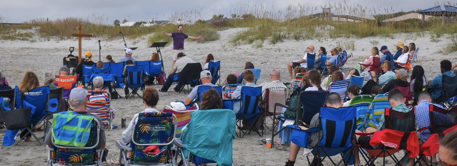 Deep Water Church's congregation listening to a sermon on an Isle of Palms, SC beach.