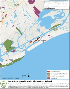 Custom drawn map that showcases the Locsl Protected Lands on Mt. Pleasant, SC's barrier islands.