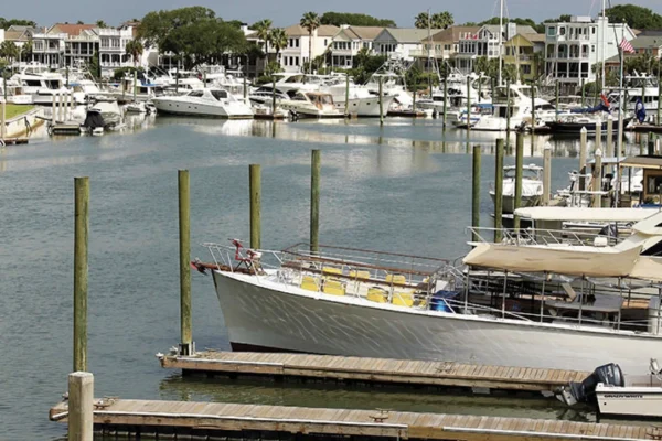 Photo of IOP, SC marina's occupided boat slips, before 2025's dredging.