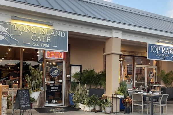 Front door and street sign for Long Island Cafe.