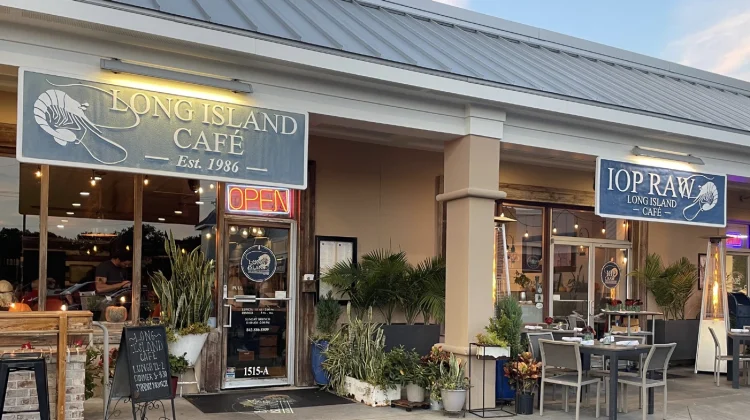 Front door and street sign for Long Island Cafe.