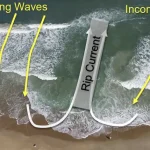 Real-world overhead photograph of a beach's shoreline with verbage and arrows overtop to help share tidal patterns.