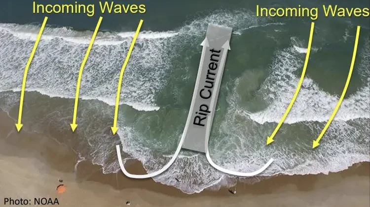 Real-world overhead photograph of a beach's shoreline with verbage and arrows overtop to help share tidal patterns.