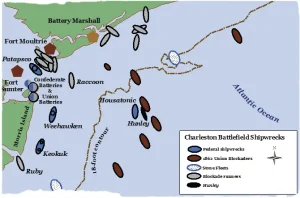 Pictoral map of shipwrecks that have been documented within the Charleston Harbor.