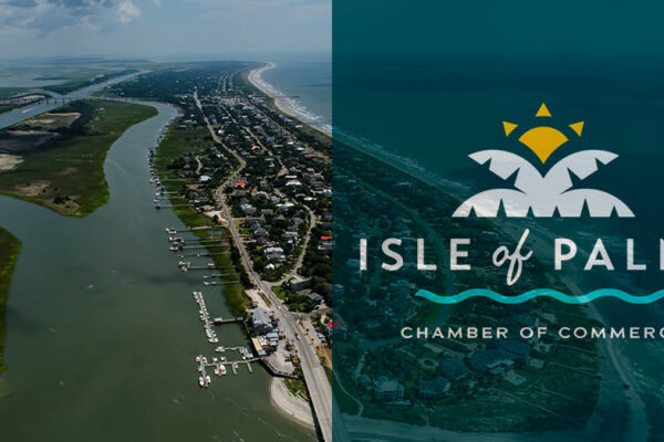 An aerial photo of Isle of Palms, SC with the Isle of Palms Chamber of Commerce logo