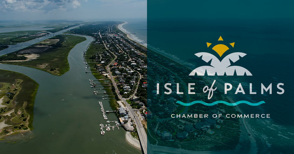 An aerial photo of Isle of Palms, SC with the Isle of Palms Chamber of Commerce logo