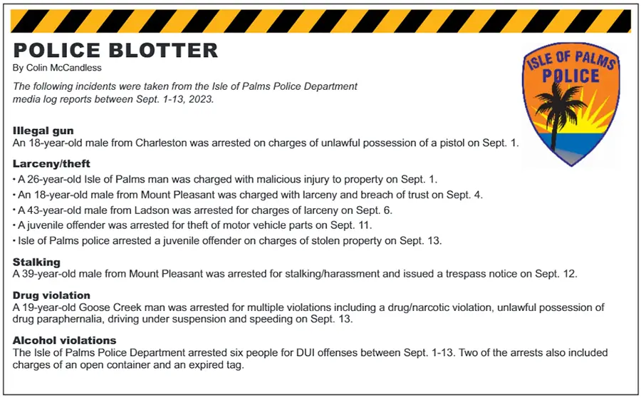 Isle of Palms, SC Police Blotter, September 1-13, 2023.