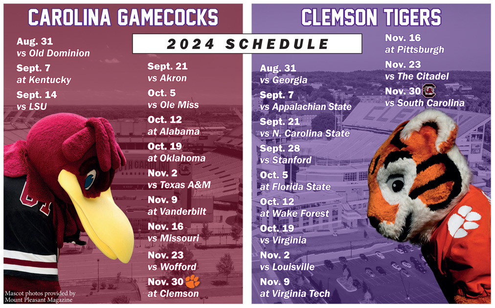 University of South Carolina and Clemson's individual college football schedules for 2024.