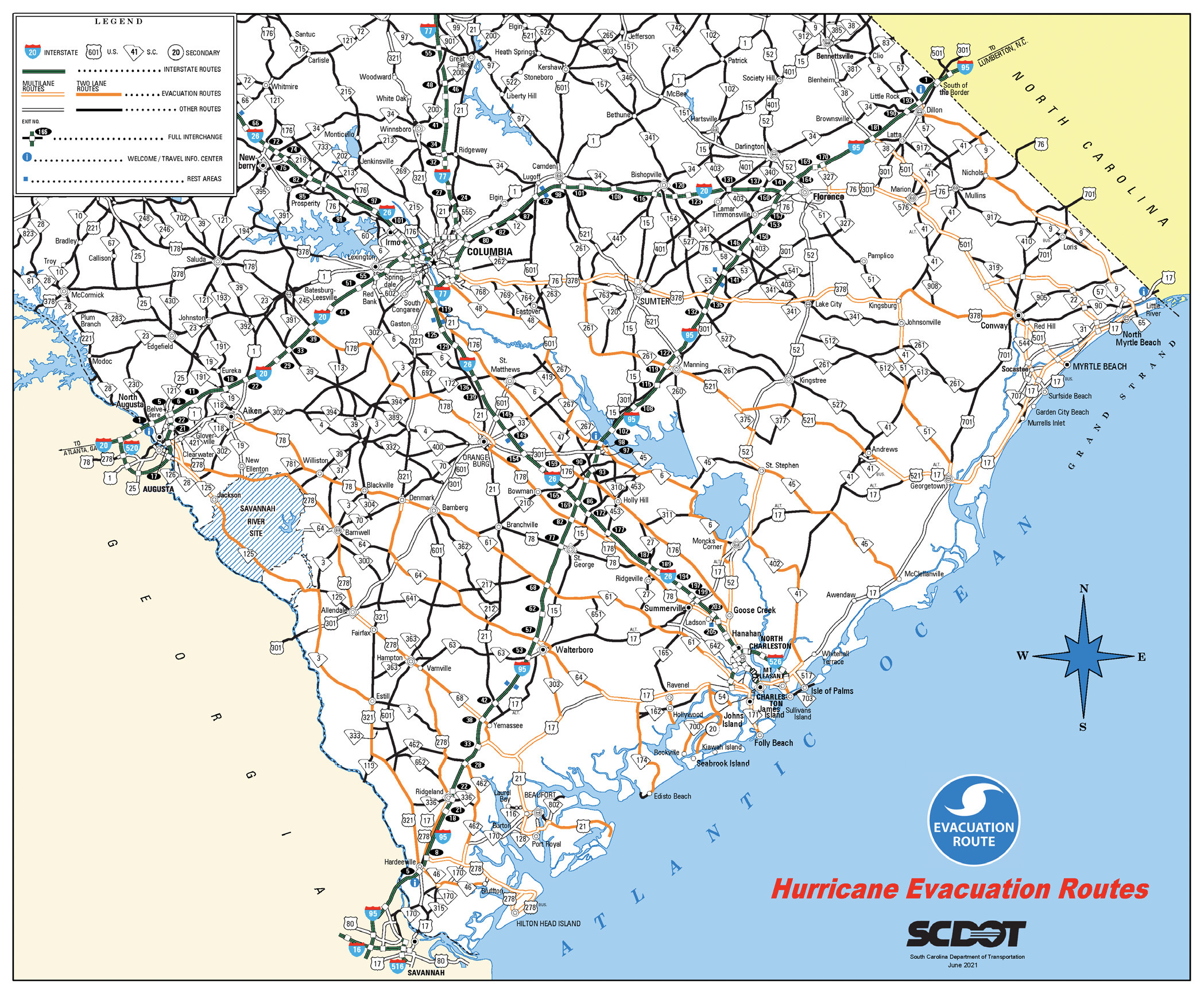 A map of South Carolina featuring 2024's hurricane evacuation routes.