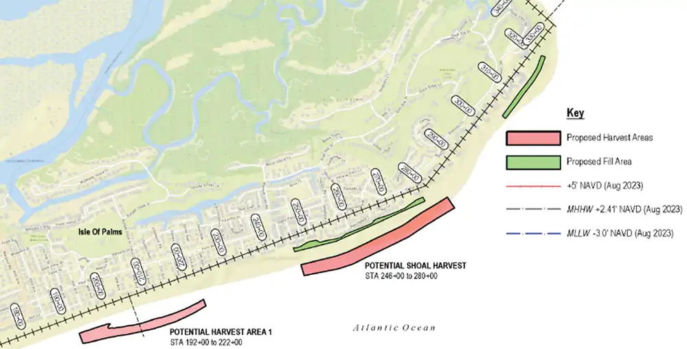 Potential sand fill areas and harvest areas for Isle of Palms, SC beach erosion project