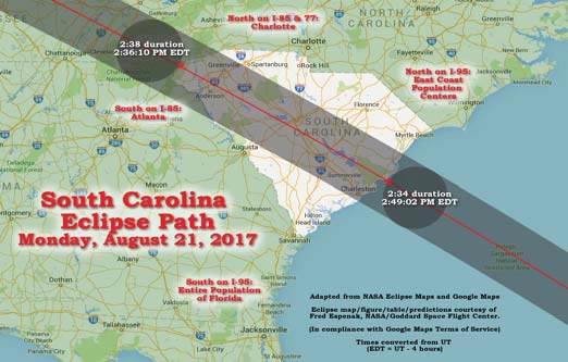 August 2017 Map of the Eclipse Path Across South Carolina